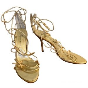 Giuseppe Zanotti Design Gold Strappy Slinky Zipper Crystal 4 inch Heels Size 38